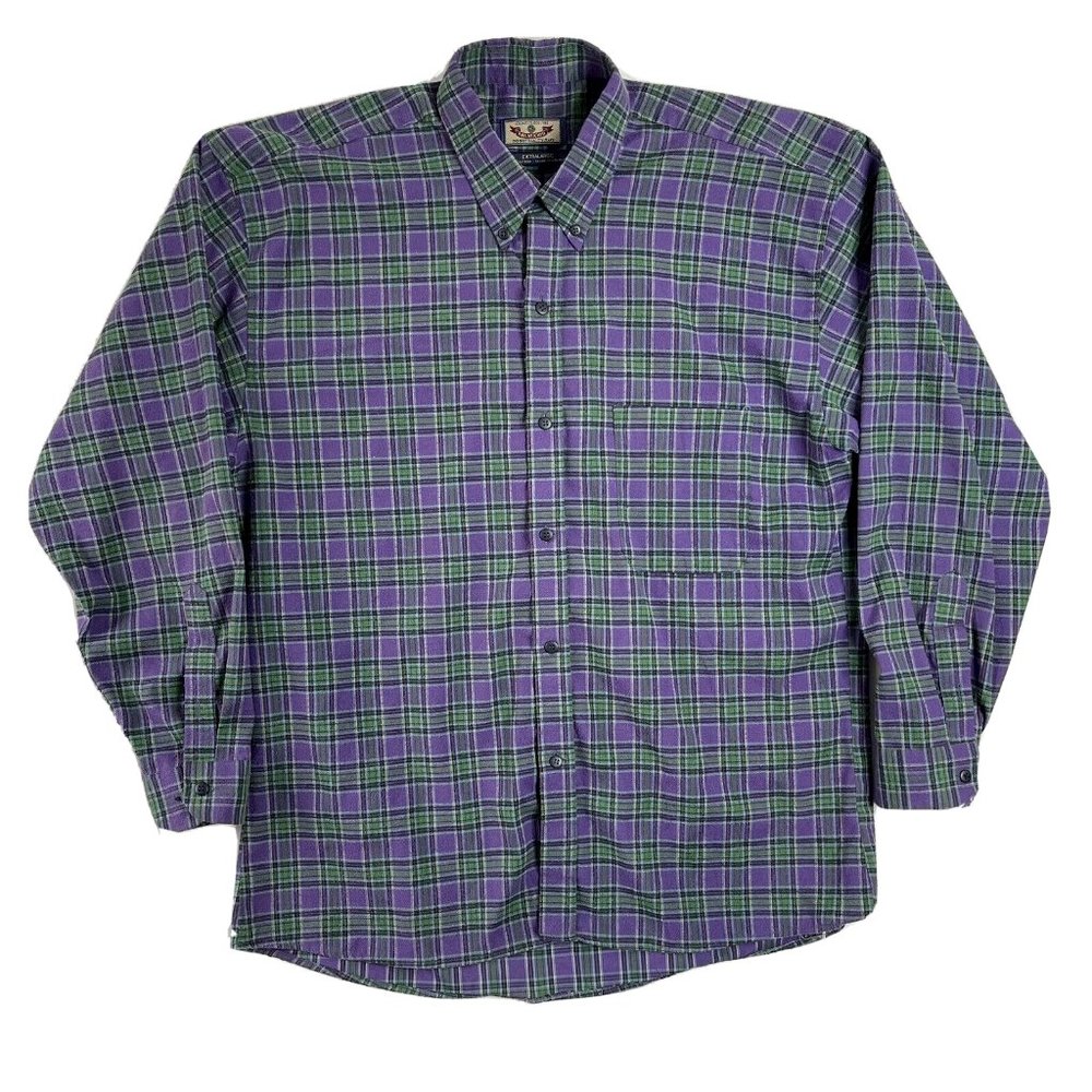 Vintage Paul Mitchell Button Down Plaid Shirt Men's Size XL Cotton Purple Green